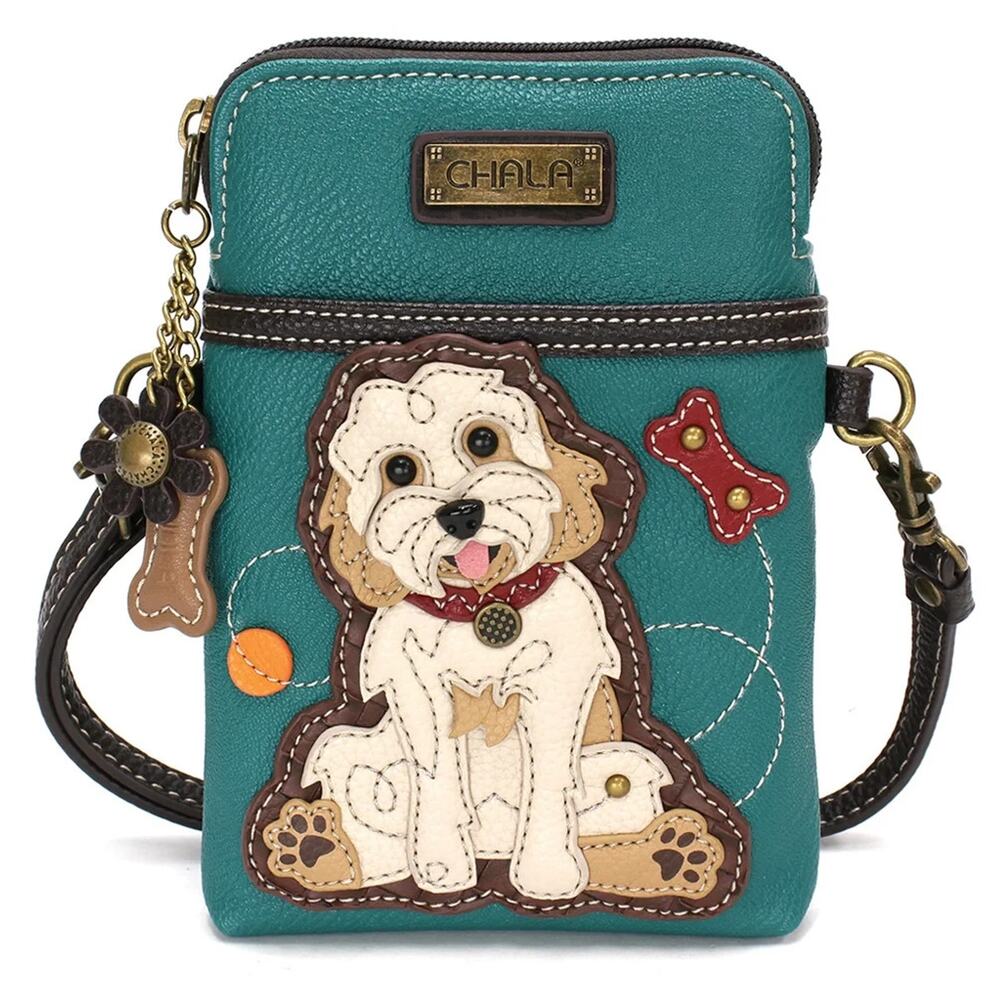 Chala Faux Leather Cellphone Crossbody Purse - Labradoodle, Turquoise NWT